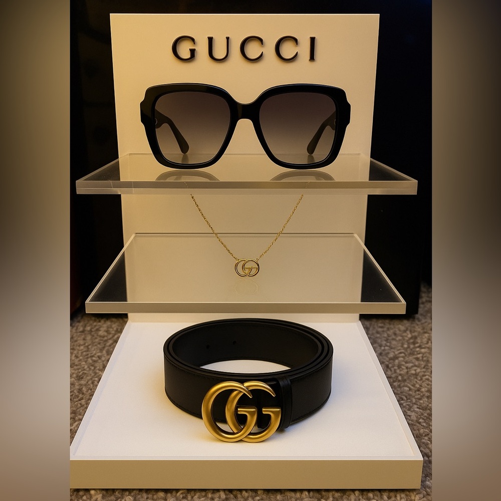 Gucci Black and Gold Sunglasses, Necklace, and Belt Set